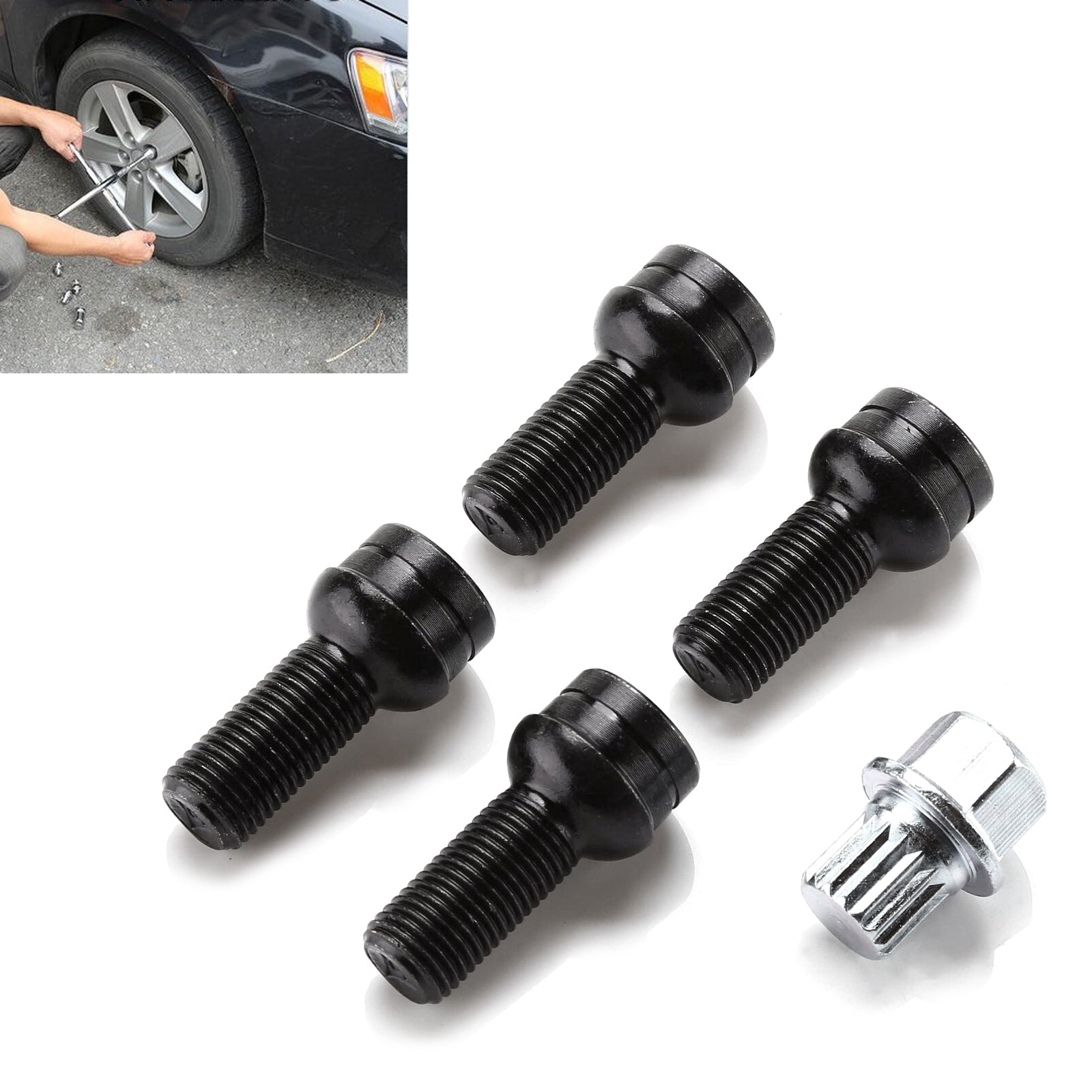 4+1 Black 17mm Lug Nut with Lock Bolt Set for Audi VW Golf Beetle Passat Vehicles