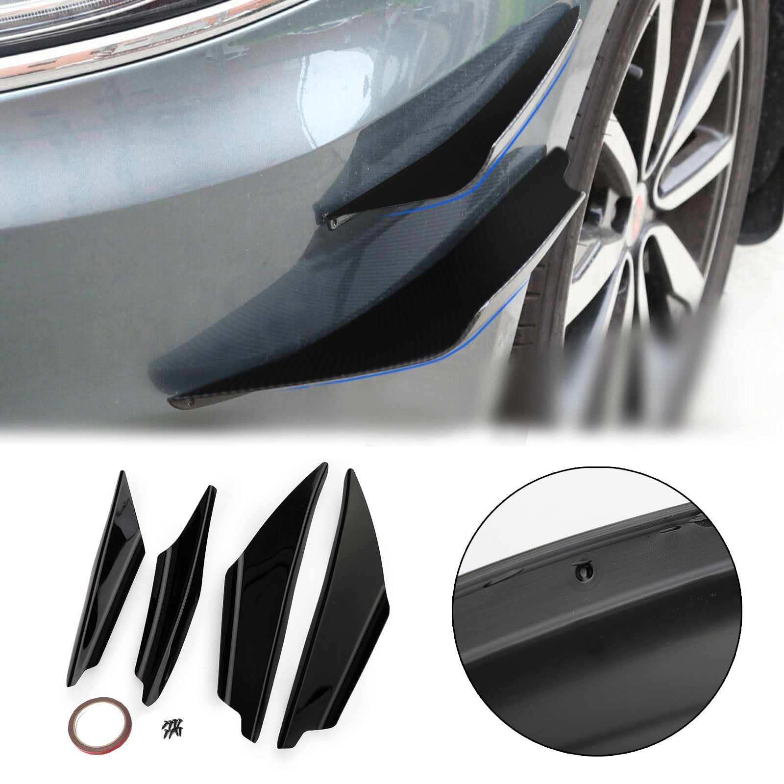 4 Piece Gloss Black Universal Car Front Bumper Spoiler Fins Body Canards Splitter