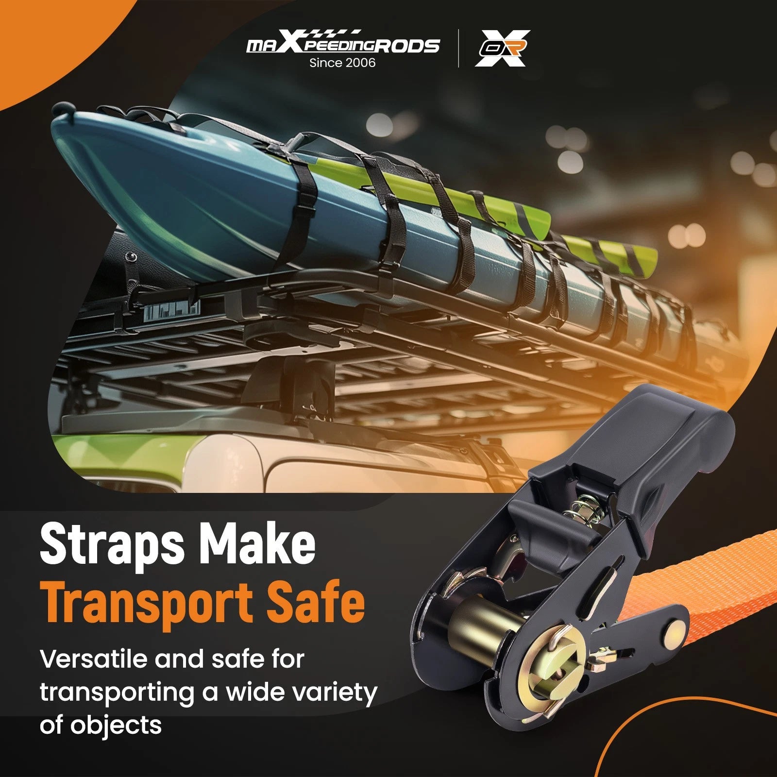Set of 2 S-Hook 2200 lb Ratchet Straps 1 inch for ATV Transport - Orange
