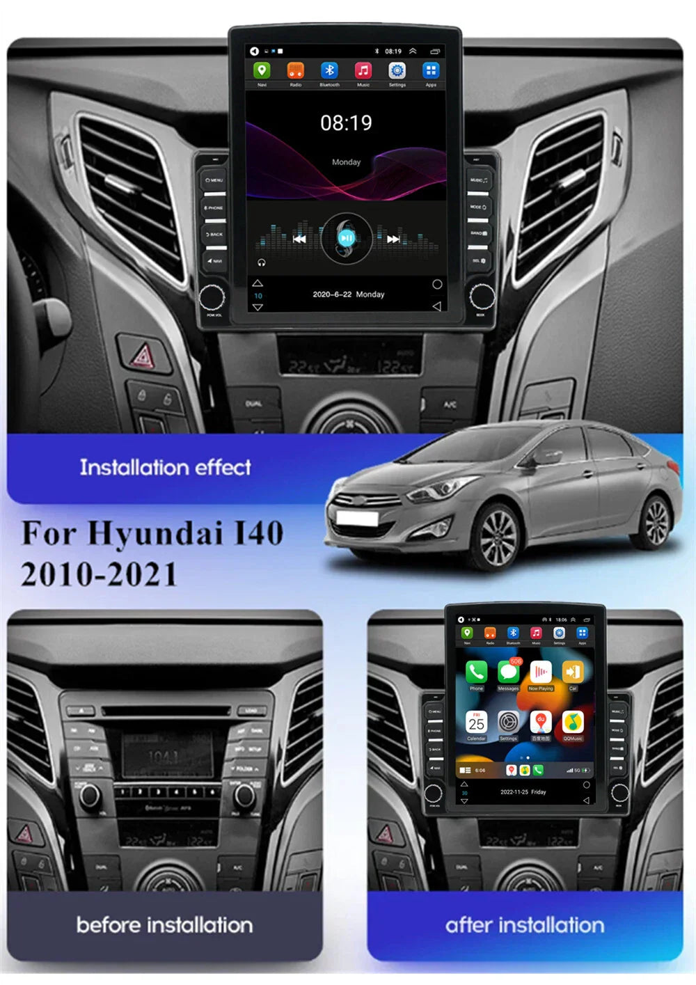 Carplay Stereo Radio GPS Head Unit 4+32GB for Hyundai i40 (2010-2021)