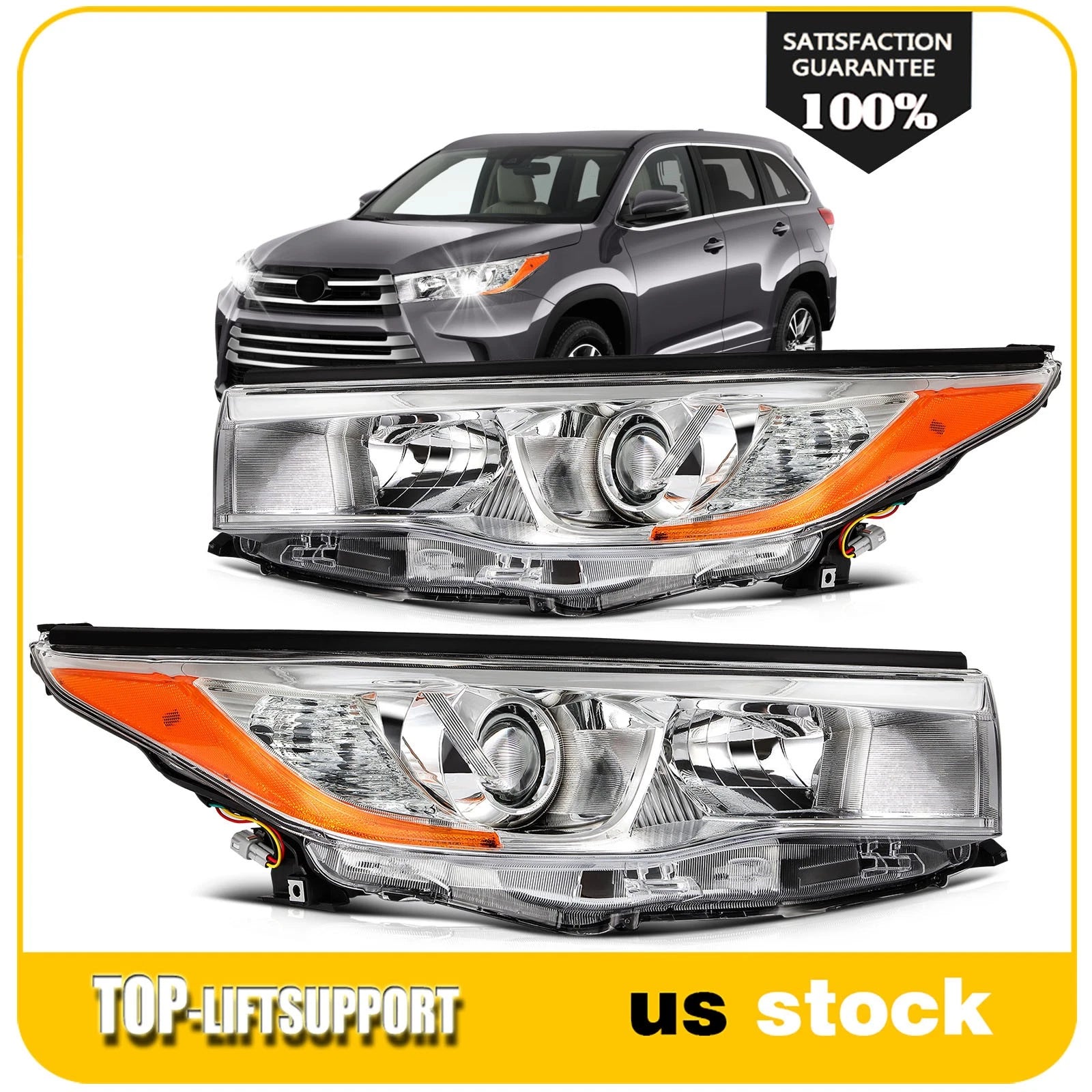 2X Chrome Headlight Assembly for Toyota Highlander (2014–2016)