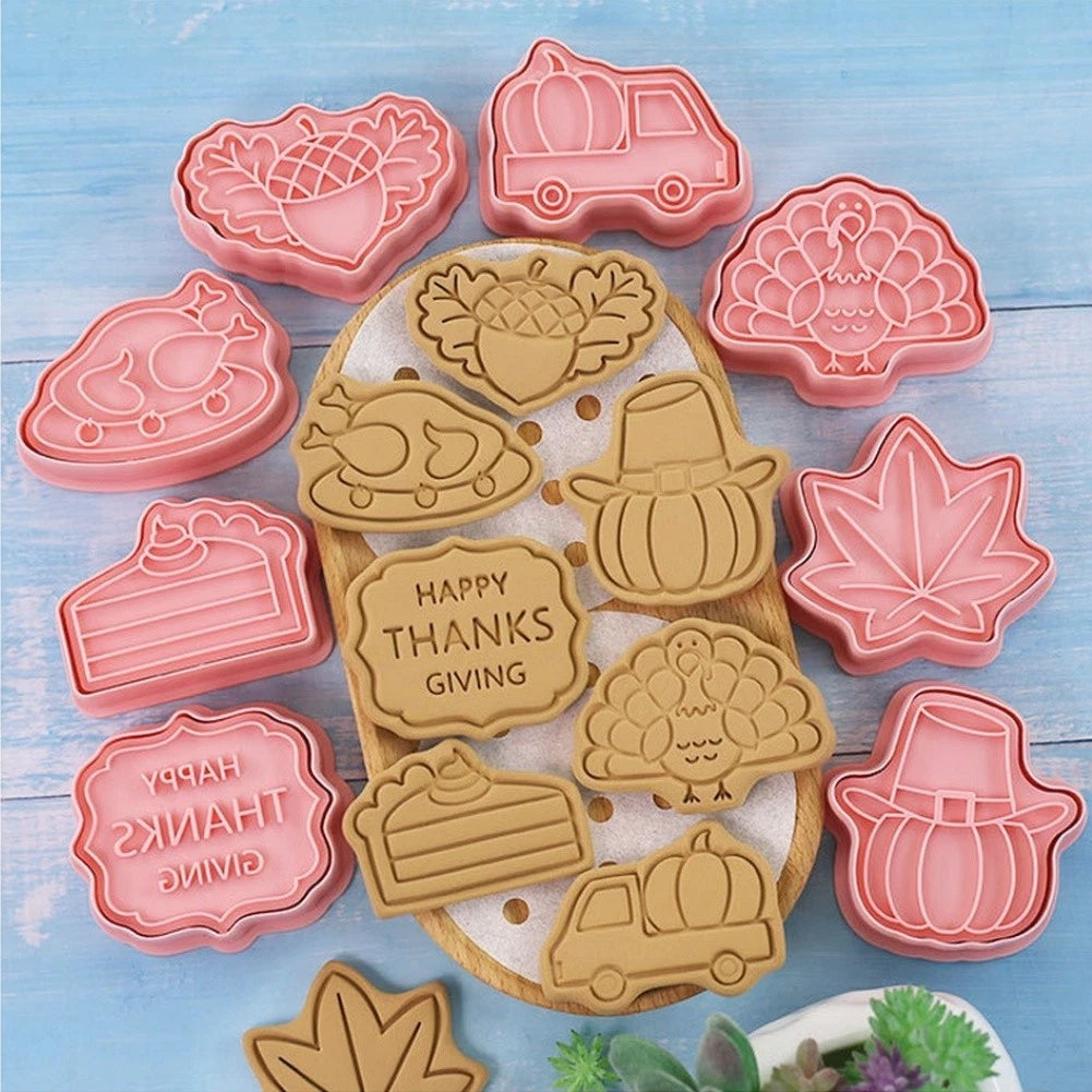 8-Piece Thanksgiving Cookie Molds with Press-and-Lift Mechanism