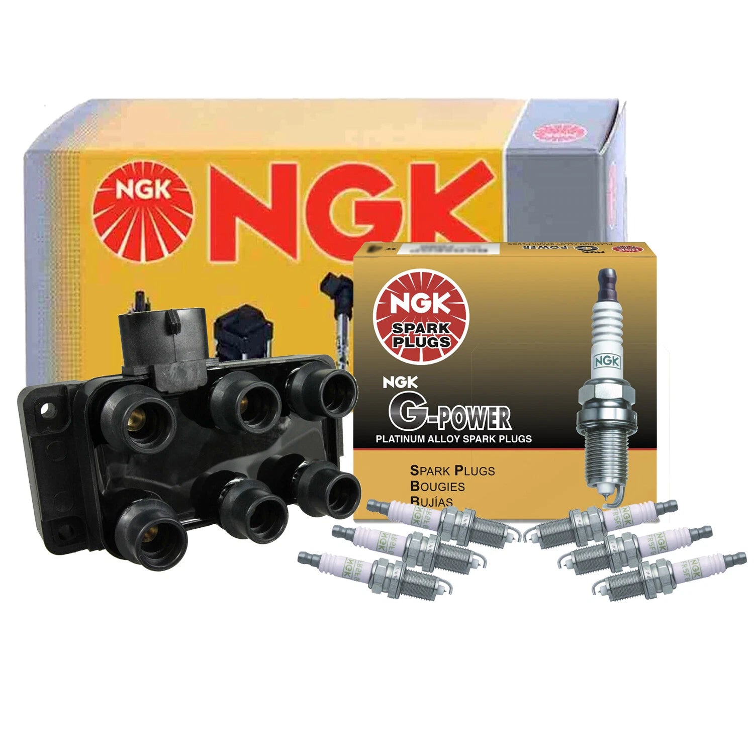 NGK DIS Ignition Coil & 6 G-Power Platinum Spark Plugs Kit for Mazda 626 (1998–2002)