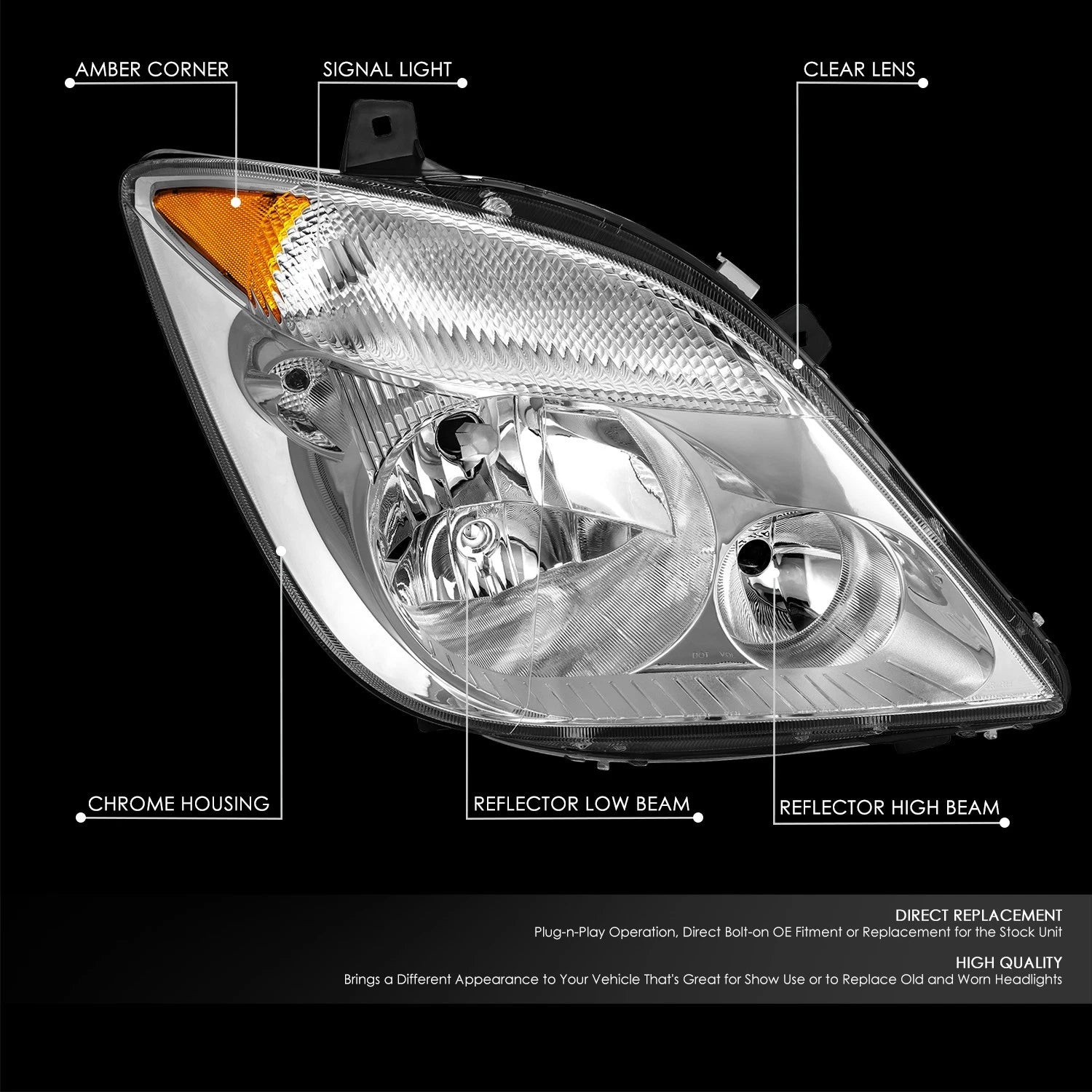 Chrome Amber Right Headlight for Dodge Mercedes Benz Freightliner Sprinter (2007–2013)