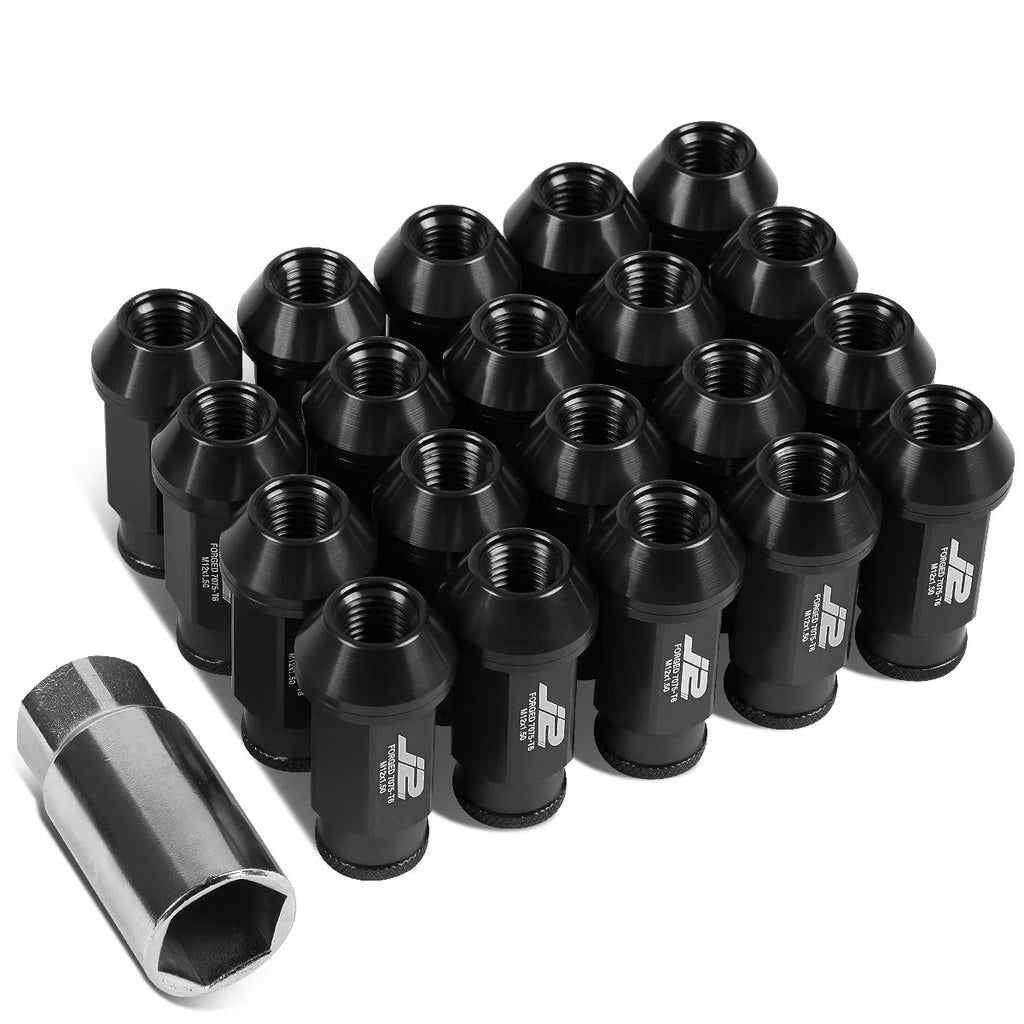 Set of 20 J2 7075 Forged Aluminum M12x1.5 Open-End Lug Nuts w/Adapter Black