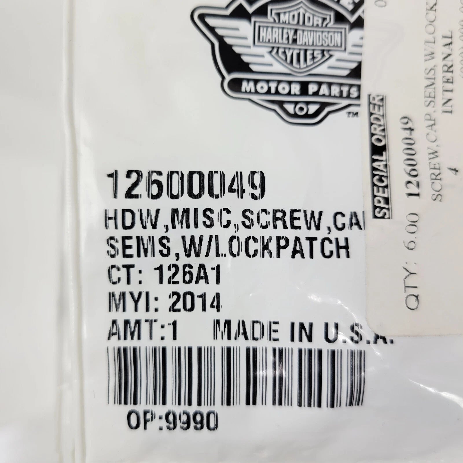 Screw with Lock Patch for Harley-Davidson (12600049)