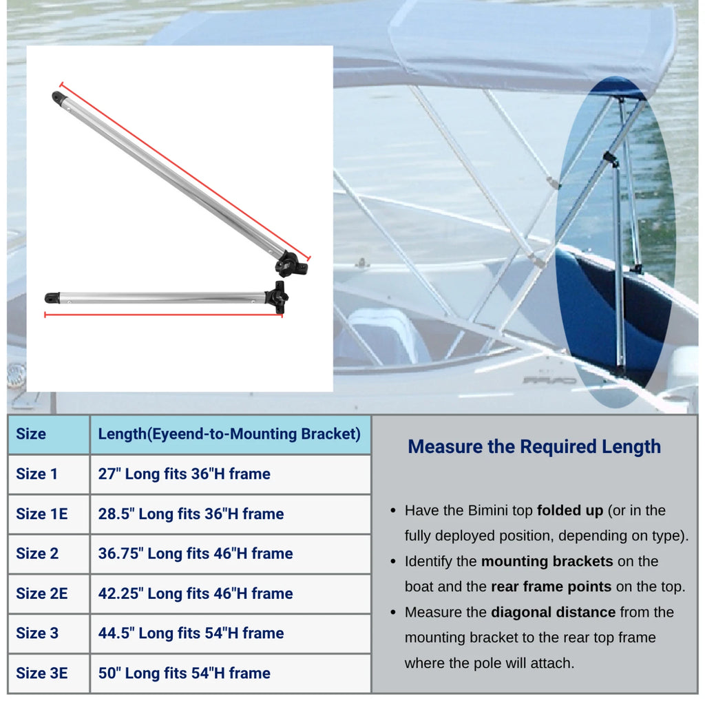 1" Aluminum Tube Bimini Top Rear Support Poles Pair with Mounts for Most Frames