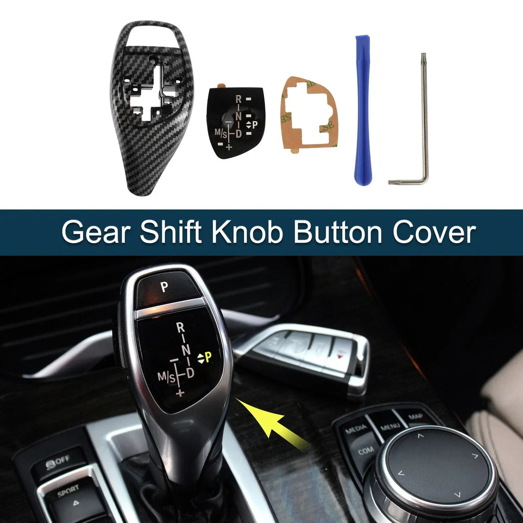 Gear Shift Knob Button Cover for BMW Carbon Fiber Black Center Console 1 Set