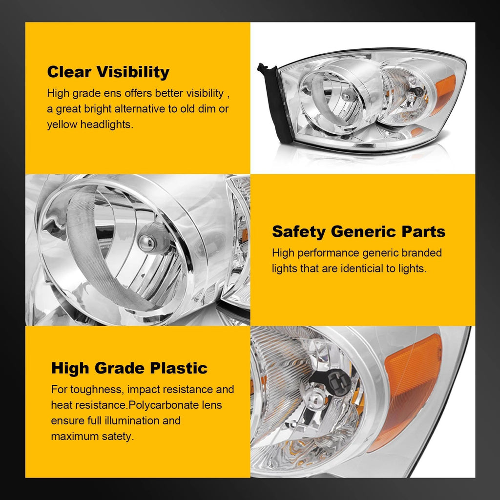 Pair of Chrome Headlights for Dodge Ram 1500 2500 3500 (2006–2009)