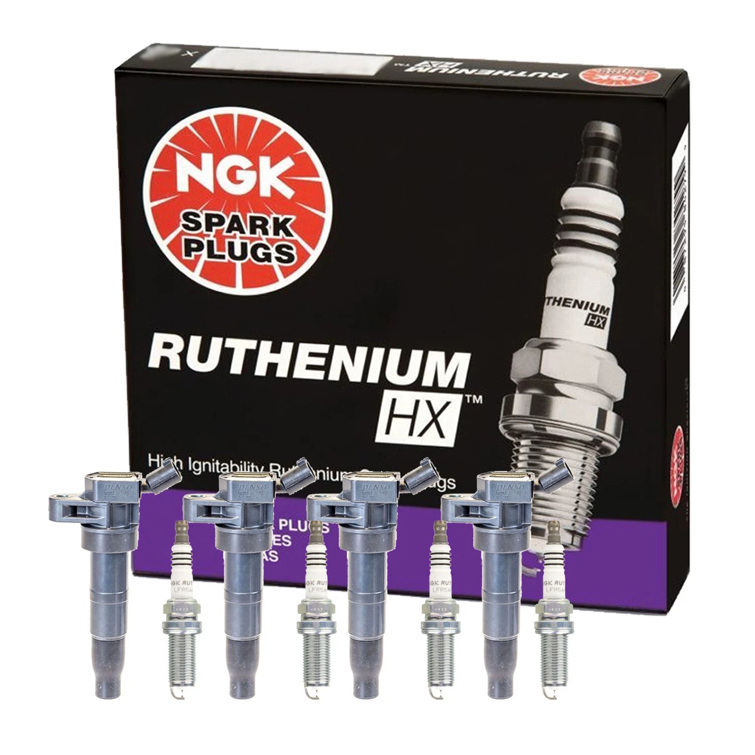 Set of 4 Denso COP Ignition Coils & NGK Ruthenium HX Spark Plugs for Hyundai
