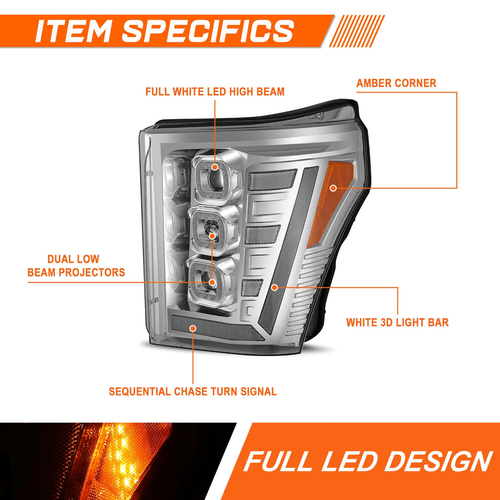 Sequential LED DRL Projector Headlights for Ford F250 F350 F450 (2011–2016)