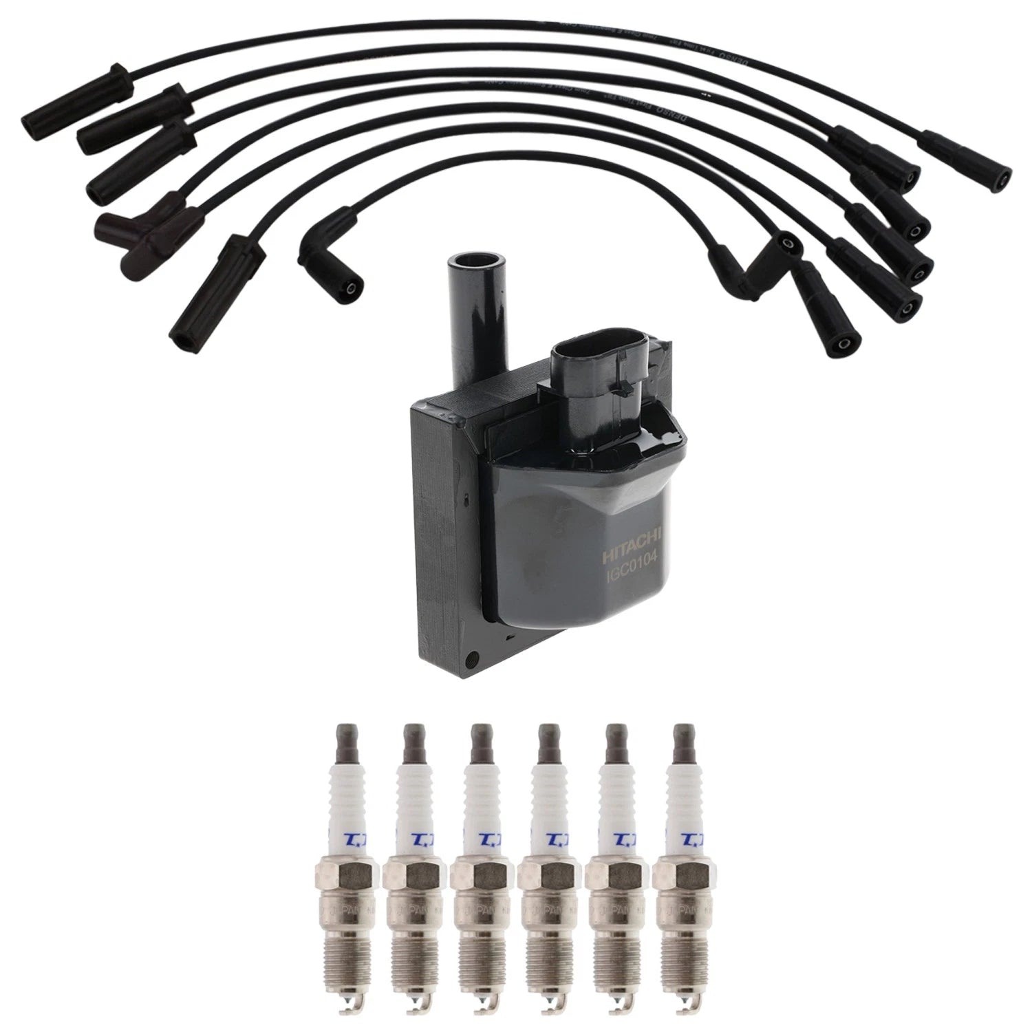Hitachi Ignition Coil & Denso 6 Platinum Spark Plug Wire Set for Sierra 1500