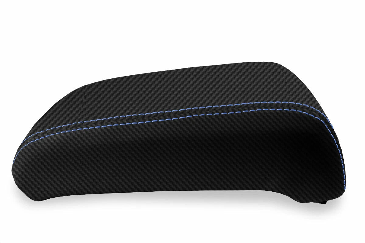 Console Lid Armrest Cover for Subaru Baja (2003–2006) Carbon Fiber Blue Stitch