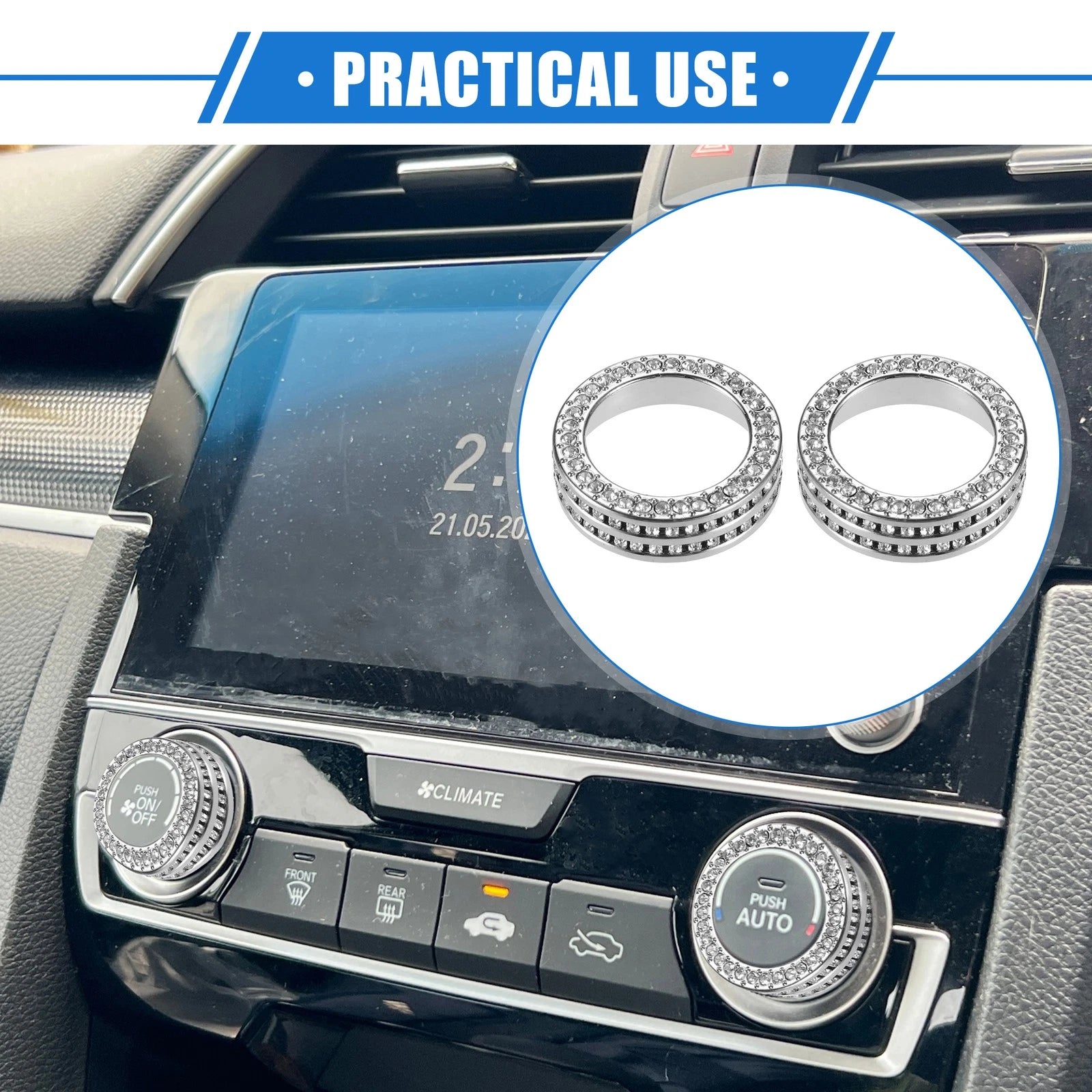 2X AC Switch Knob Ring Cover Trim for Honda Civic (2016–2021) Silver Tone