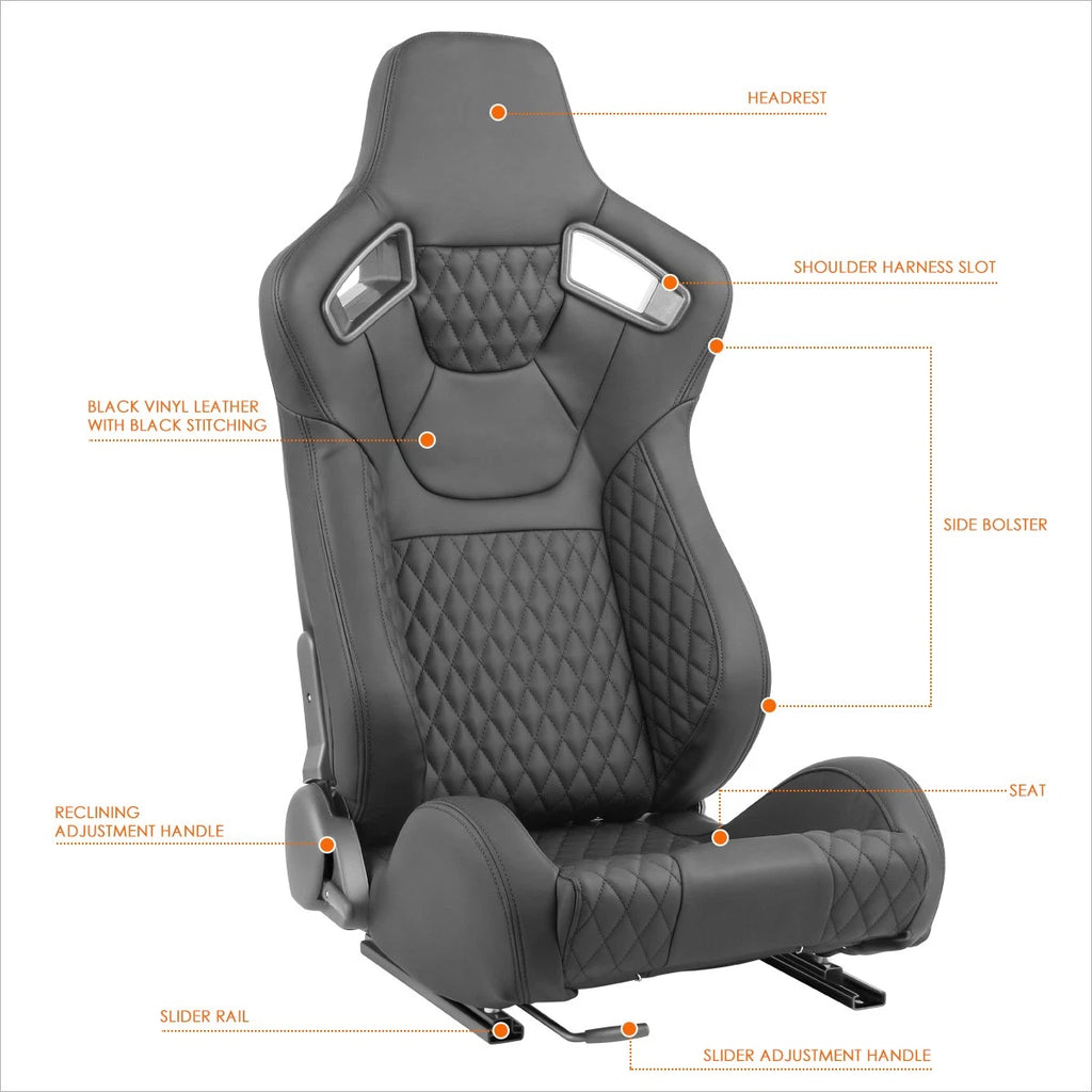 2Pcs Racing Seats for Universal Fit (Reclinable, Quilted, Black Stitching)