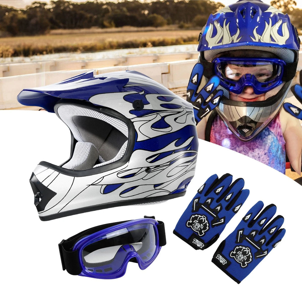 Dirt Bike ATV Motocross Helmet Set w/ Gloves & Goggles for Youth (M/L/XL)