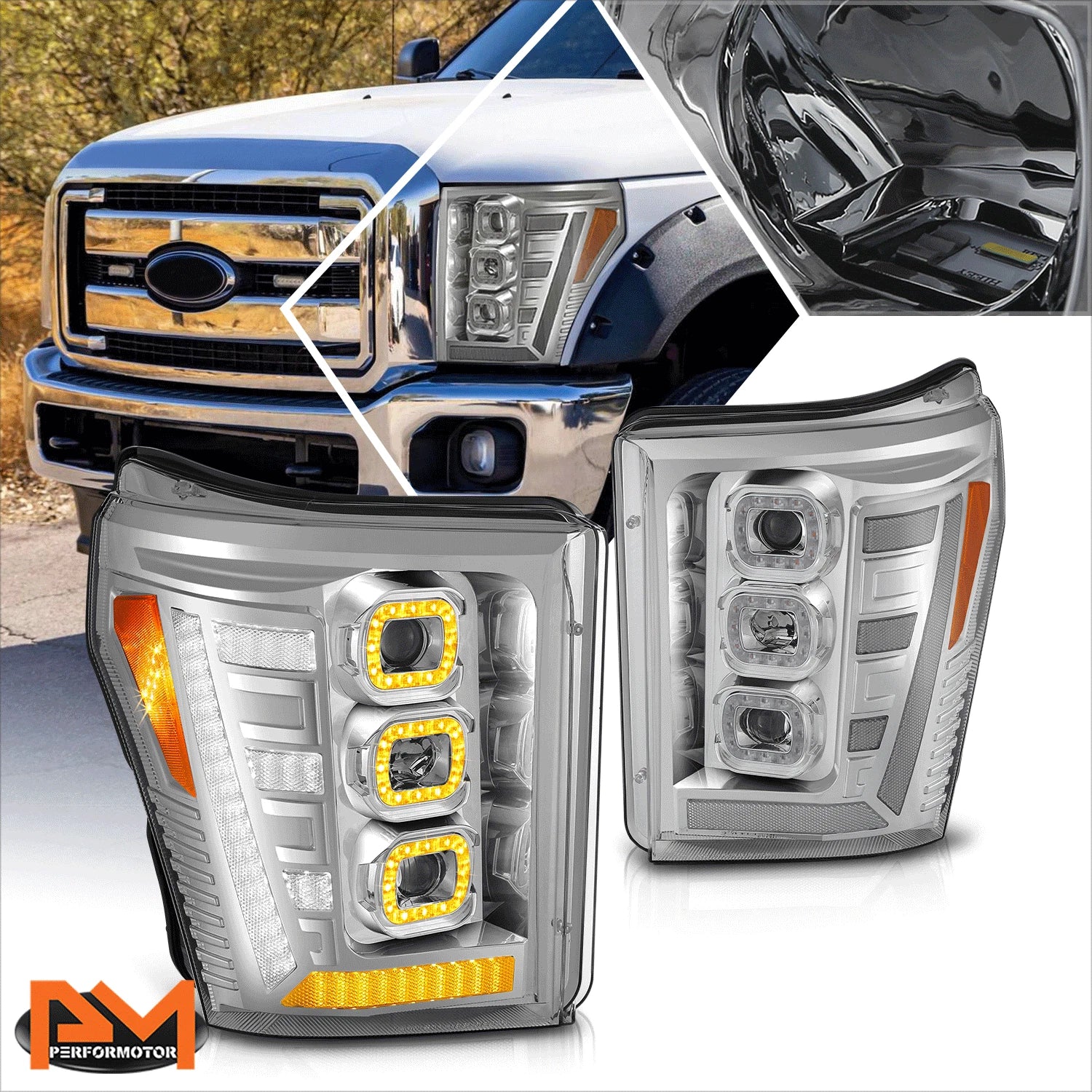 Sequential LED DRL Projector Headlights for Ford F250 F350 F450 (2011–2016)