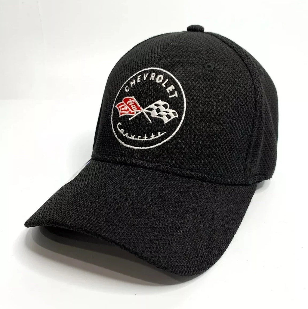 Black Flexfit Hat Cap with Chevy C1 Corvette Crossed Flags for Chevrolet