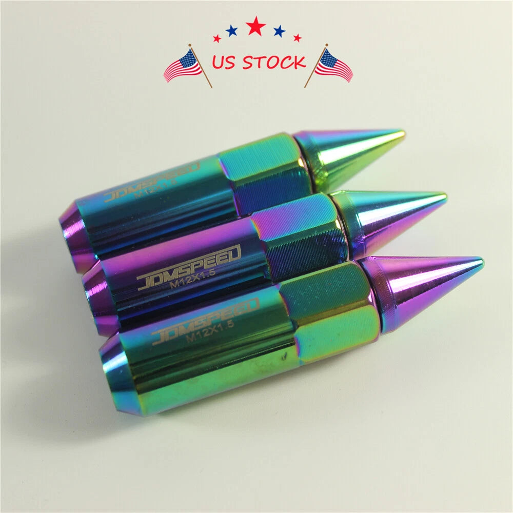 Set of 20 Neo Chrome Spiked Extended Tuner Lug Nuts for Wheels 60mm