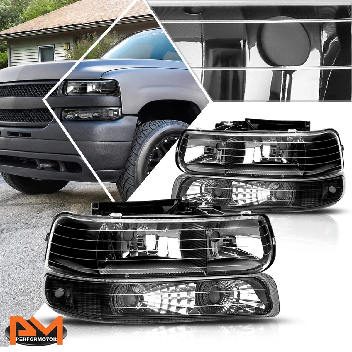 Bumper Headlight Lamp Clear Side Black for Chevy Silverado/Suburban (1999–2006)