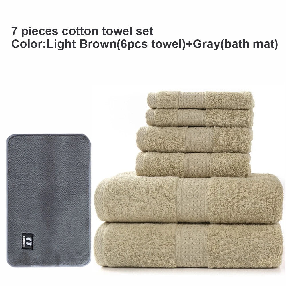 7-Piece Cotton Towel Set for Travel Swimming Spa - Light Brown