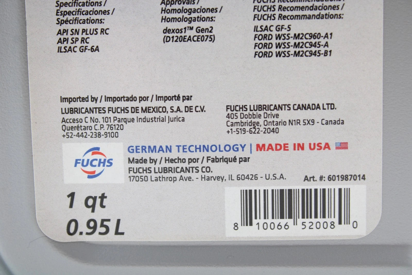 Fuchs Titan Supersyn D1 SAE 5W-20 Engine Oil 1 Quart for Ford Mazda Mitsubishi (2010–2023)