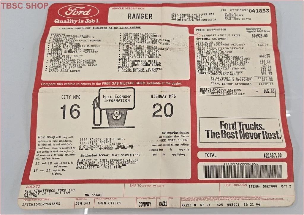 Original Dealer Window Sticker for Ford Ranger 4X4 1994 (C41853)