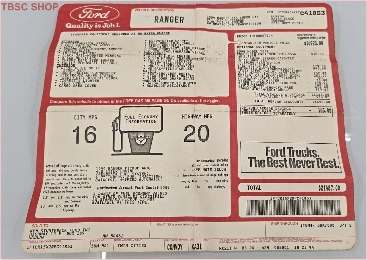 Original Dealer Window Sticker for Ford Ranger 4X4 1994 (C41853)