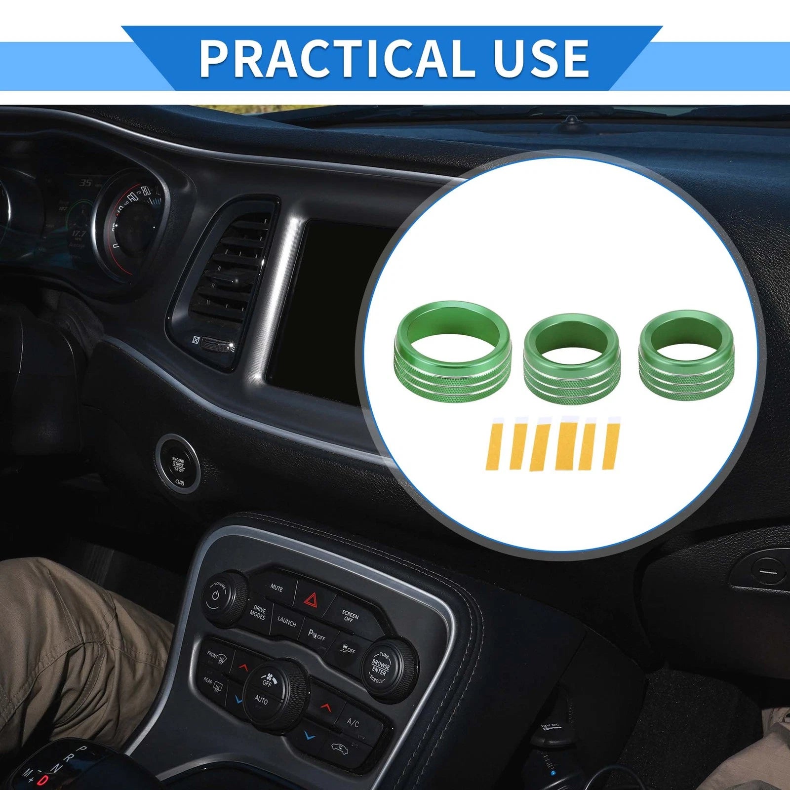 3X AC Media Tune Switch Knob Cover Ring for Dodge Challenger (2015–2019) Green