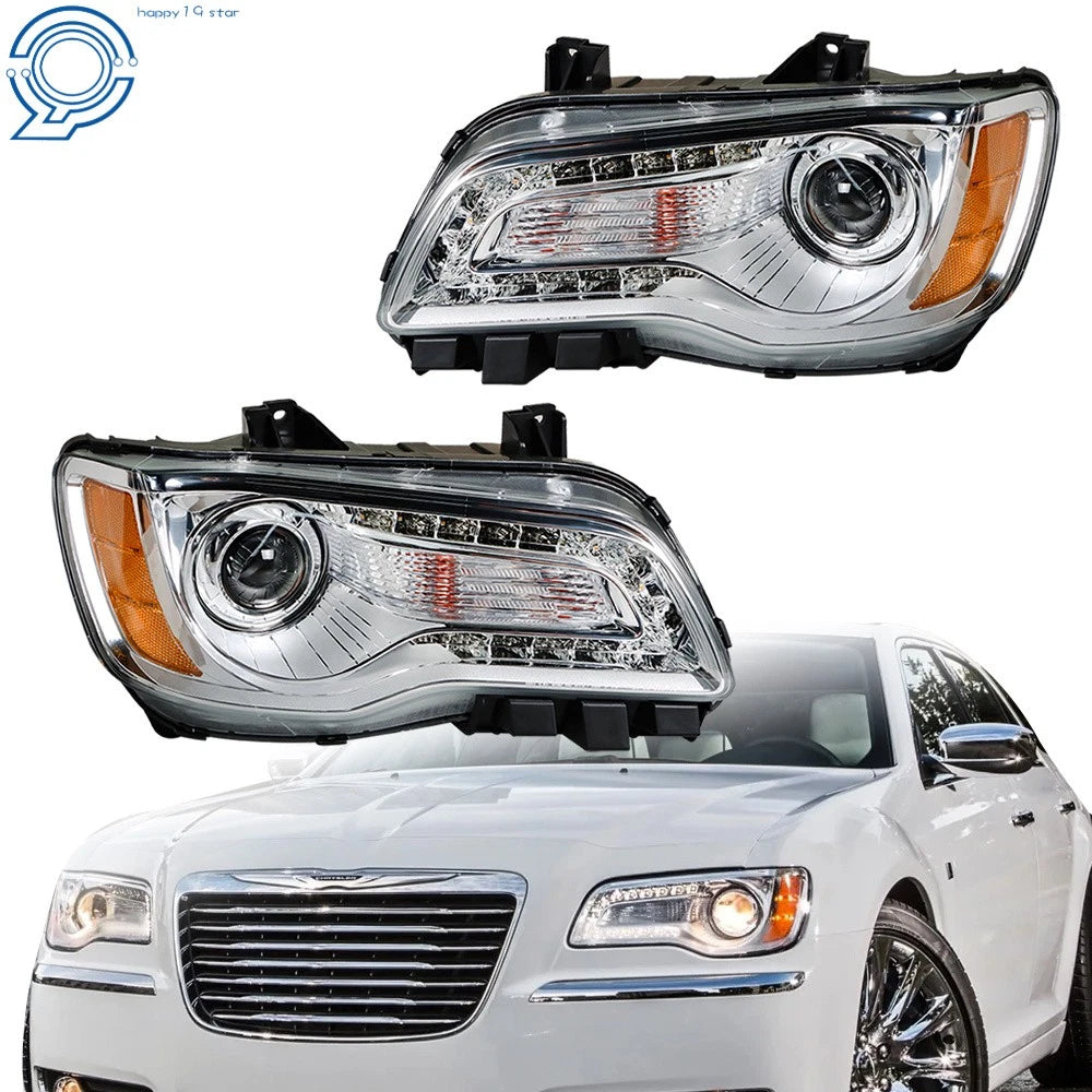 Set of 2 Headlight Assemblies for Chrysler 300 (2011-2014) Halogen Chrome Clear