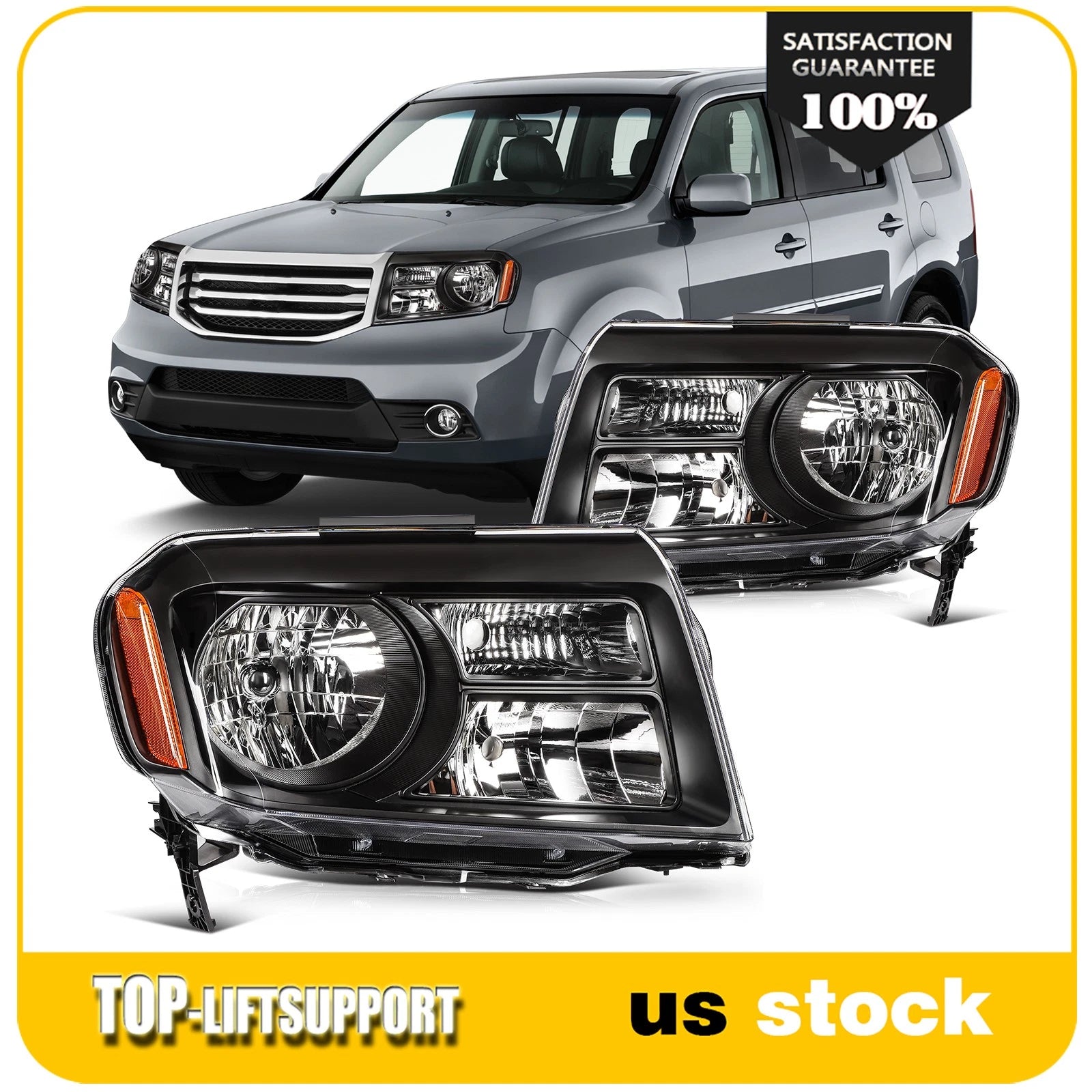 2X Black Headlight Assembly for Honda Pilot (2012–2015)