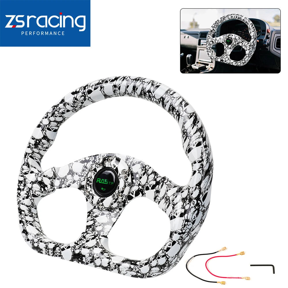 14" D Shape Flat Drift Racing Steering Wheel with 6 Holes Horn Button