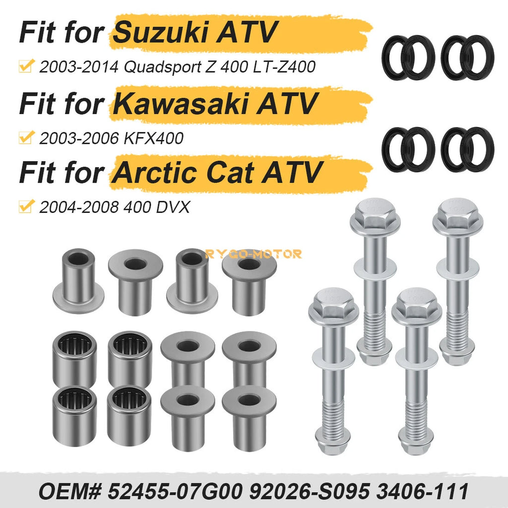 2 Front A Arm Bushing Bearing Seal & Bolt Kit for Suzuki Kawasaki Arctic Cat 400 (2000–2023)