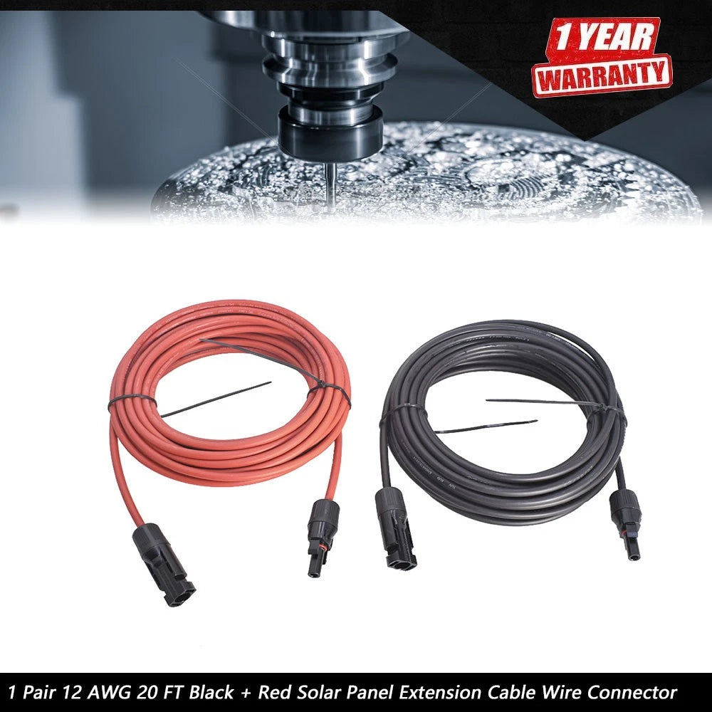 Set of 2 Solar Panel Extension Cables 20ft 4mmÂ² for Automotive Use