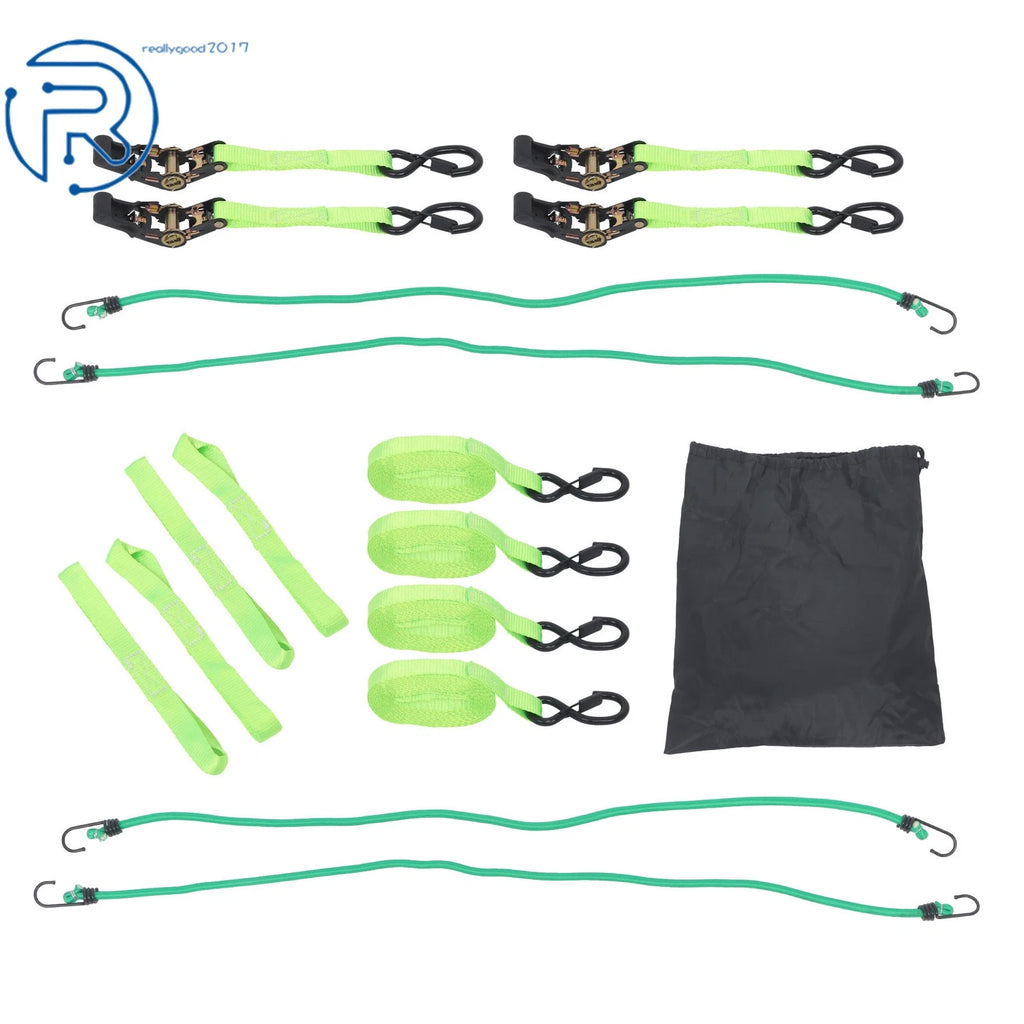 Set of 4 1" x 15' Tie Downs 2200lbs Ratchet Straps with S Hook Green
