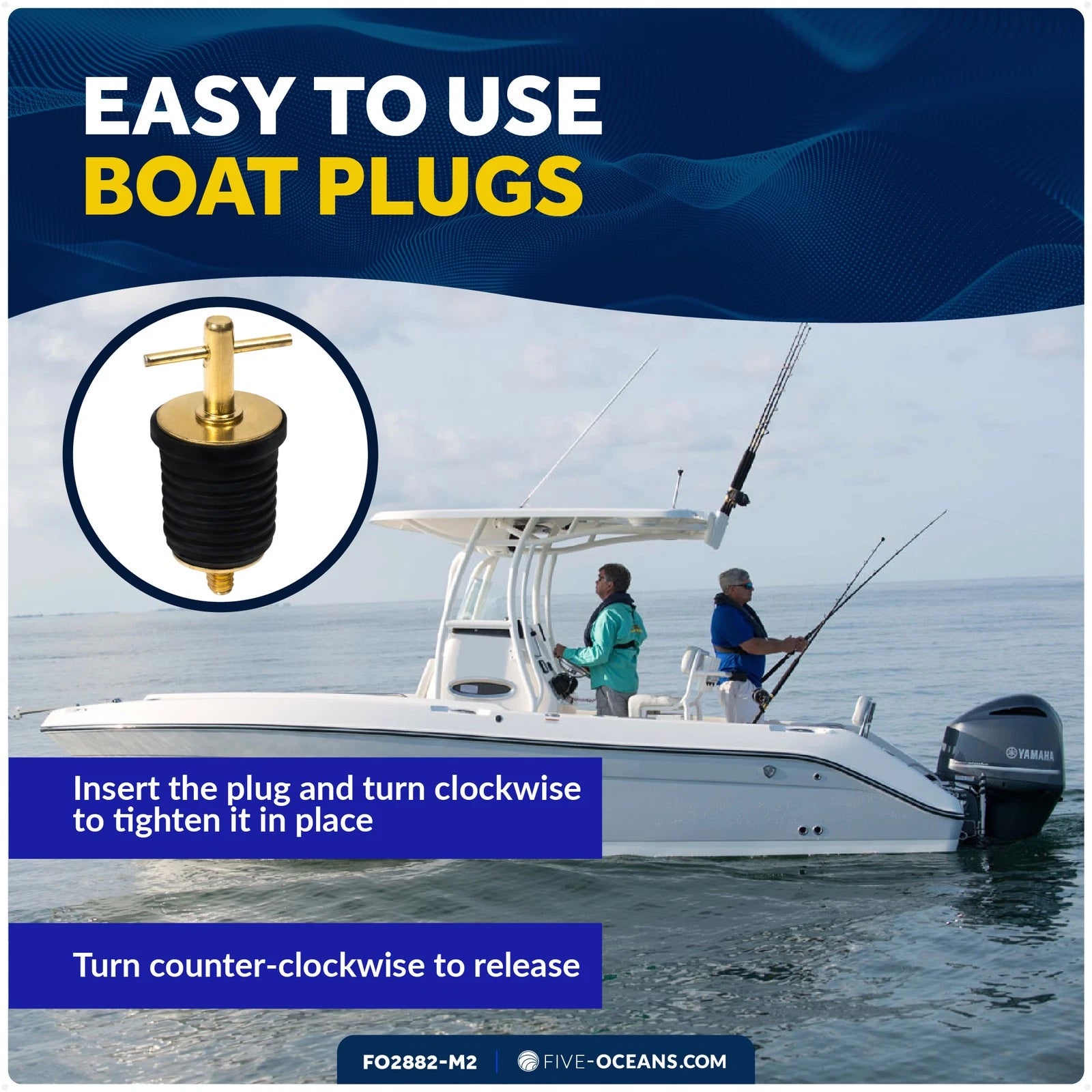 2X T-Handle Drain Plugs 1-Inch for Five Oceans FO2882-M2 (Year Range)