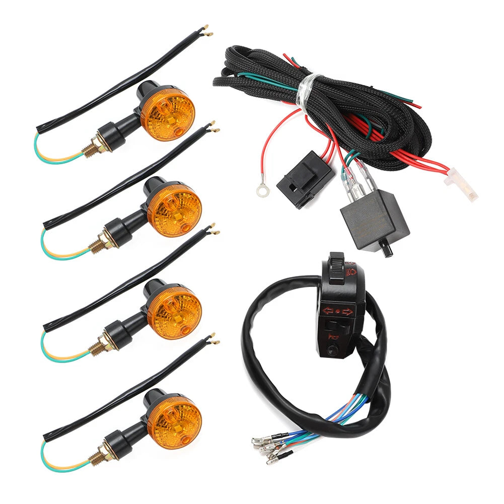Set of 4 Universal Motorcycle Indicators Wiring Loom Harness Relay Flasher Kit