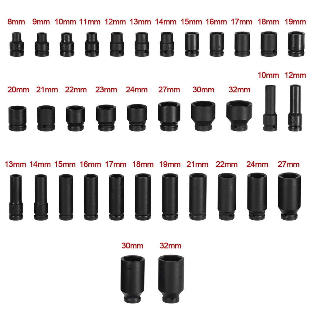 Set of 35 Deep Impact Sockets 1/2" Drive 8-32mm with Case