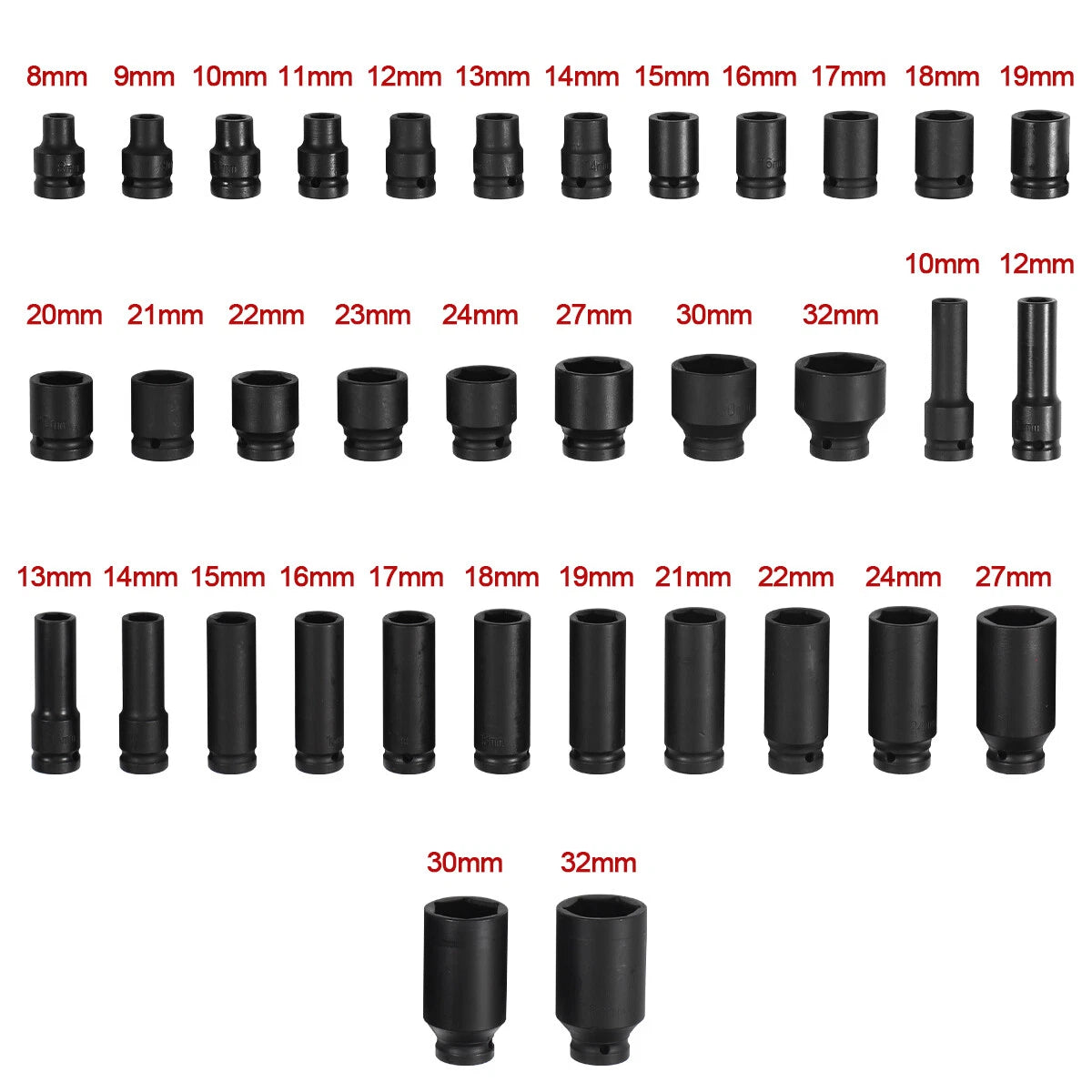 Set of 35 Deep Impact Sockets 1/2" Drive 8-32mm with Case