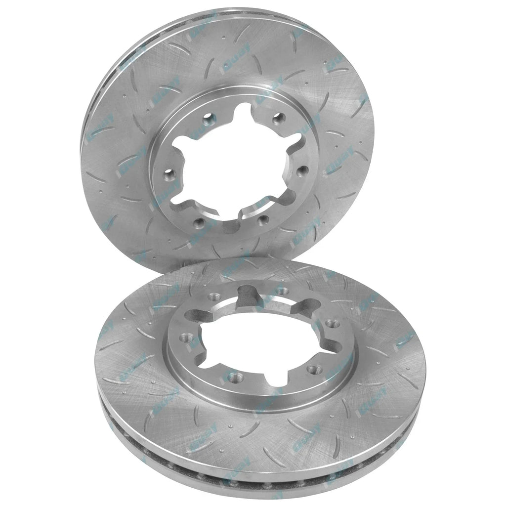 2 Front Disc Rotors Slotted + Drilled + 4x4 Brake Pads for Patrol GU Y61 1997~15