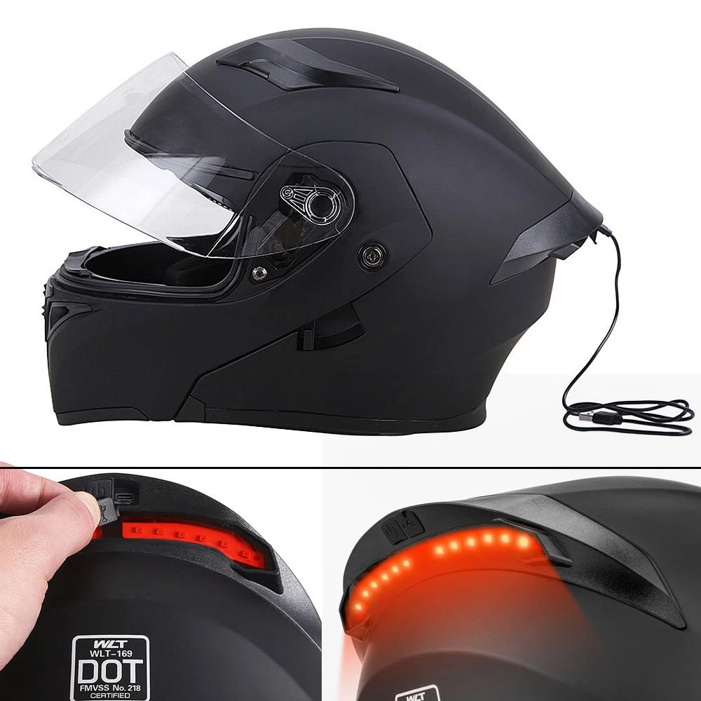Flip Up Modular Full Face Motorcycle Helmet with Dual Visors and LED