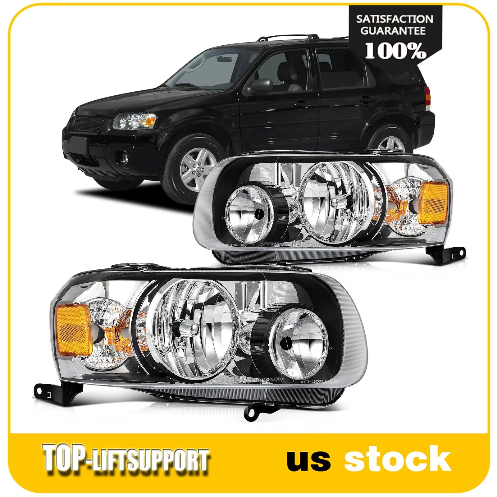Set of 2 Headlight Assemblies for Ford Escape (2005–2007) Black Housing