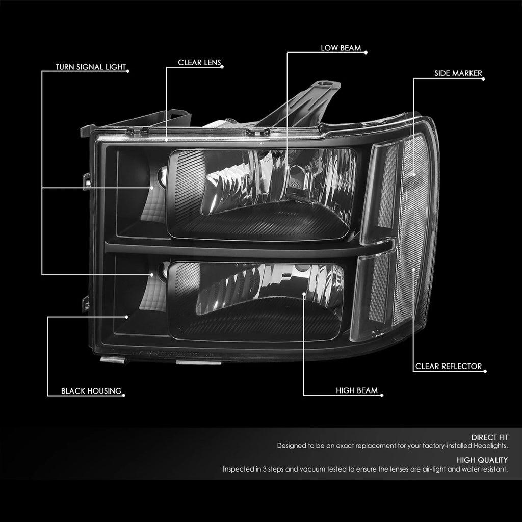 Black Clear Corner Headlight, Bumper & Smoked LED Fog Light Kit for GMC Sierra (2007–2014)