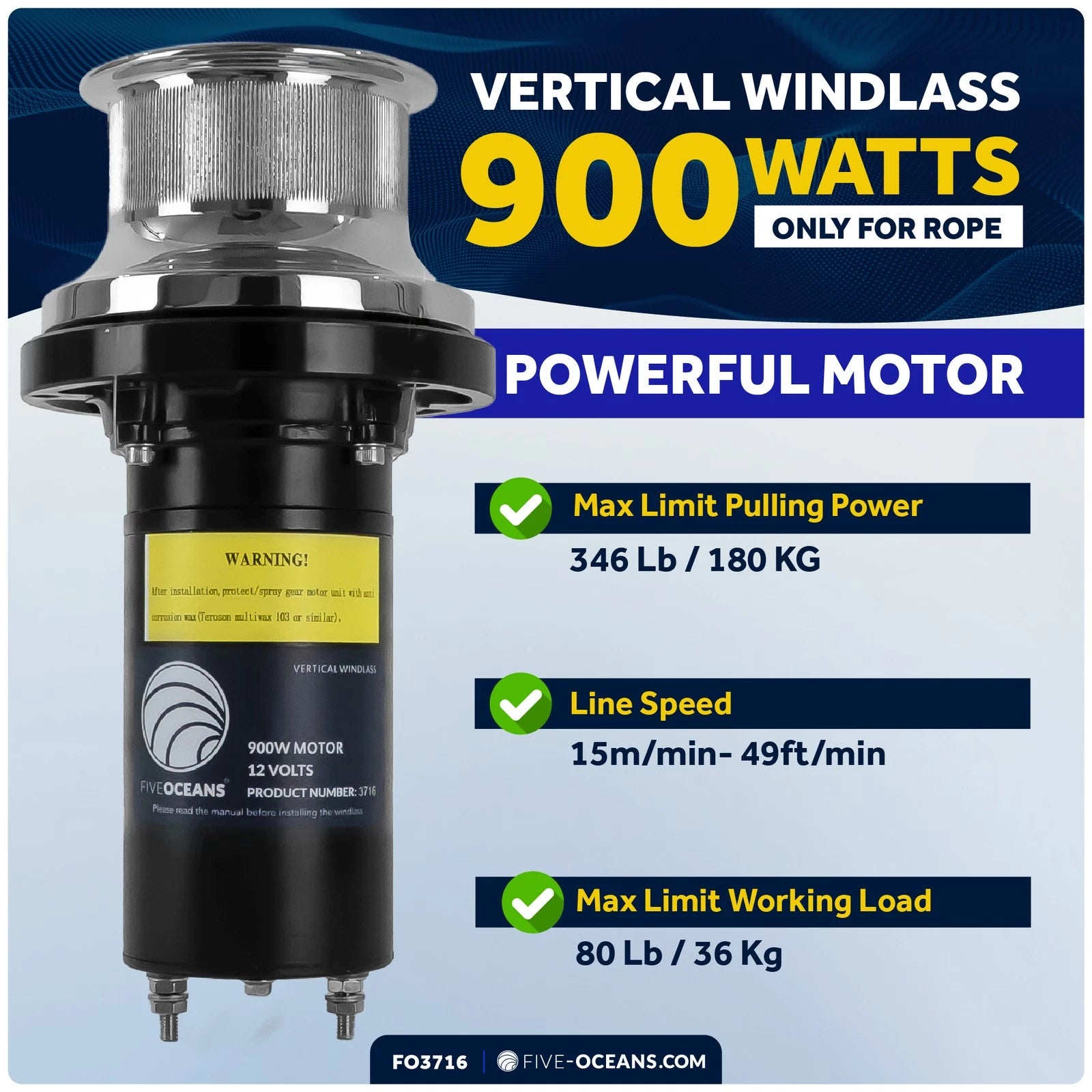 900W Vertical Mounted Winch for Arctic Capstan FO3716 (12V)