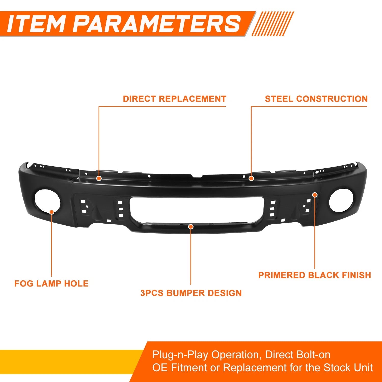 Front Bumper Face Bar for Ford F-150 (2009–2014) - Primered Black, Fog Light Hole