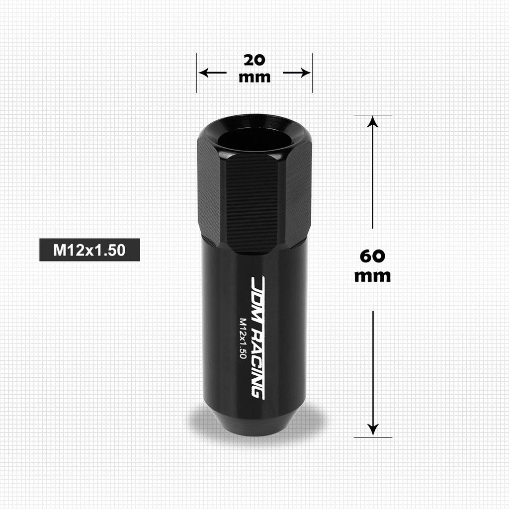 Set of 20 M12X1.5 Black JDM Open End Aluminum Hex Lug Nuts with Spline Locks