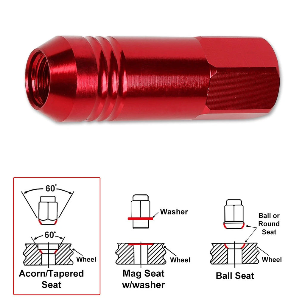Set of 20 M12X1.25 Red JDM Open End Conical Hex Wheel Lug Nuts + Extension 20mm