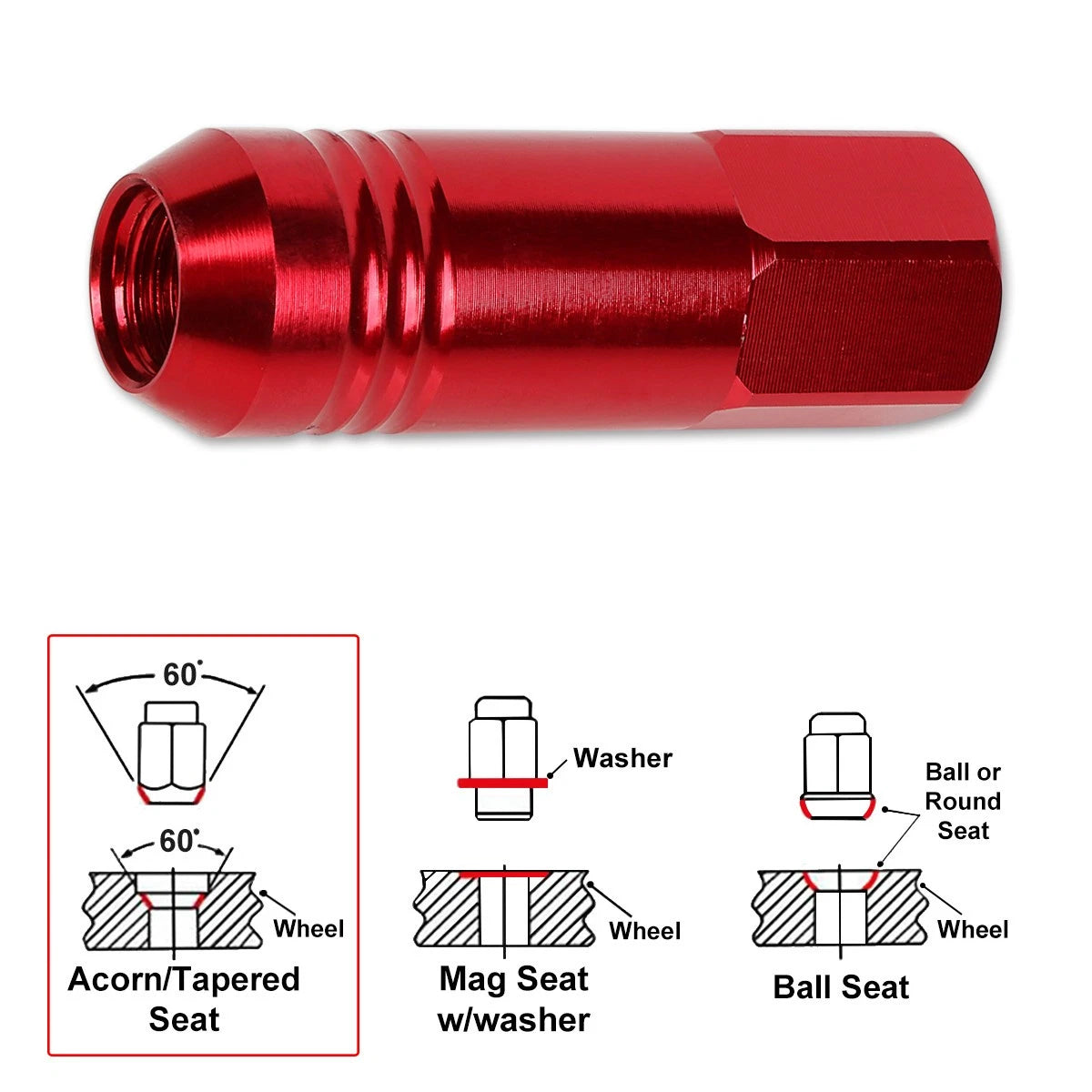 Set of 20 M12X1.25 Red JDM Open End Conical Hex Wheel Lug Nuts + Extension 20mm