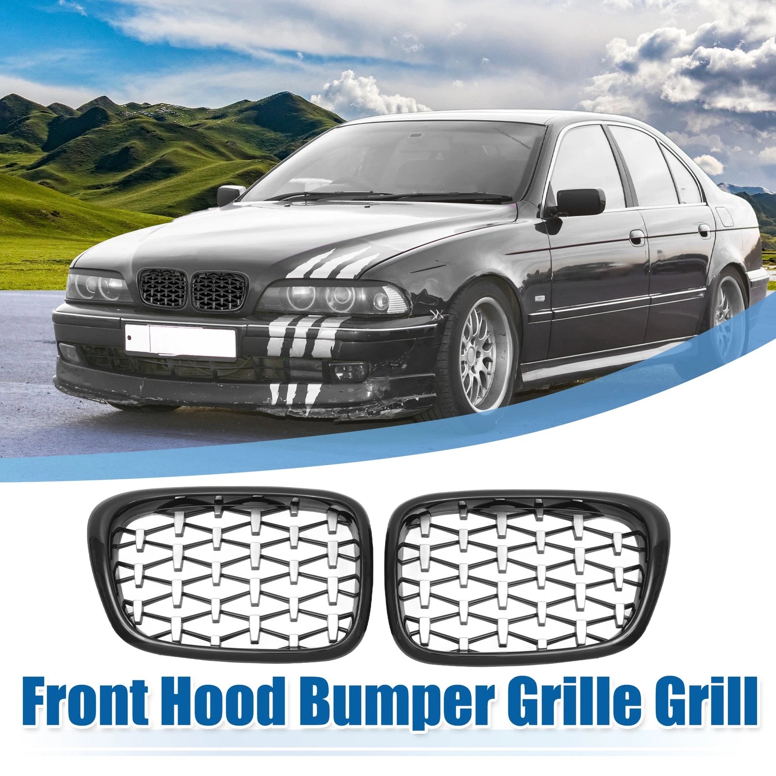 Front Hood Bumper Grille for BMW 525i 530i E39 (1996–2003) Diamond Star Black Pair