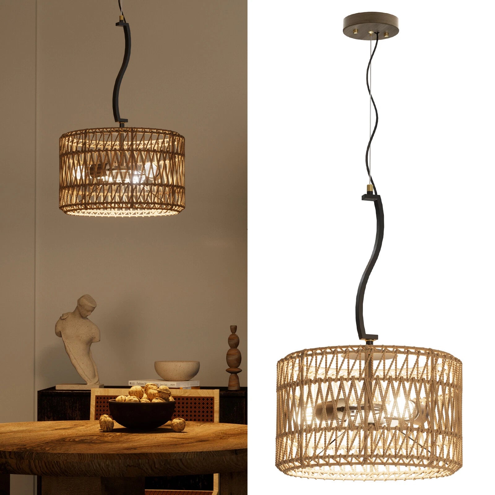 3-Light LED Pendant Light Fixture for Boho Rattan Woven Design